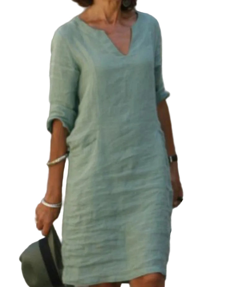 Casual midi dress with V-neck and 3/4 sleeves – Marlovale
