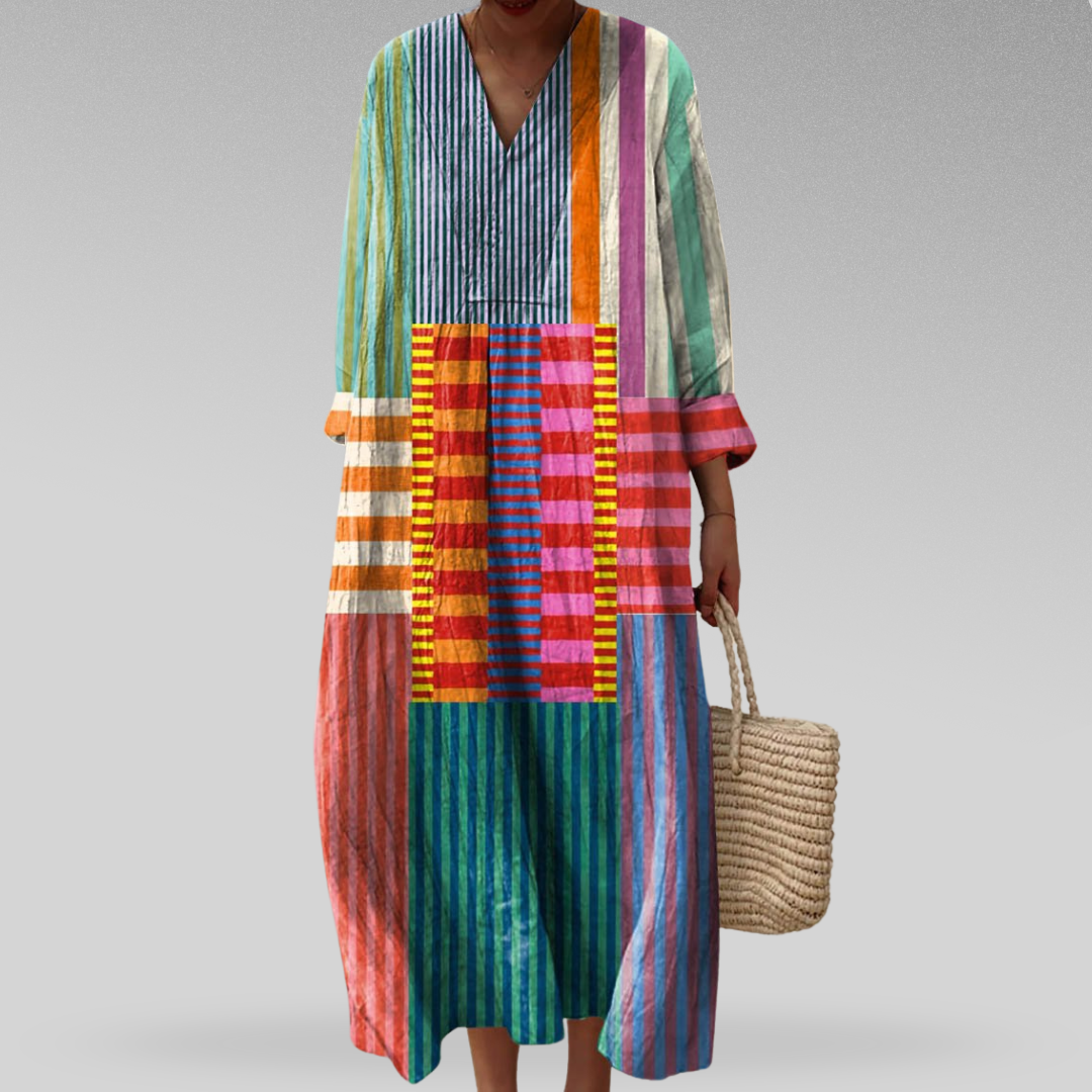 color block linen dress Women's colorblock striped maxi Its made from 100% vendor sale fa Color:pink/multi print Caroline Plus Size Black