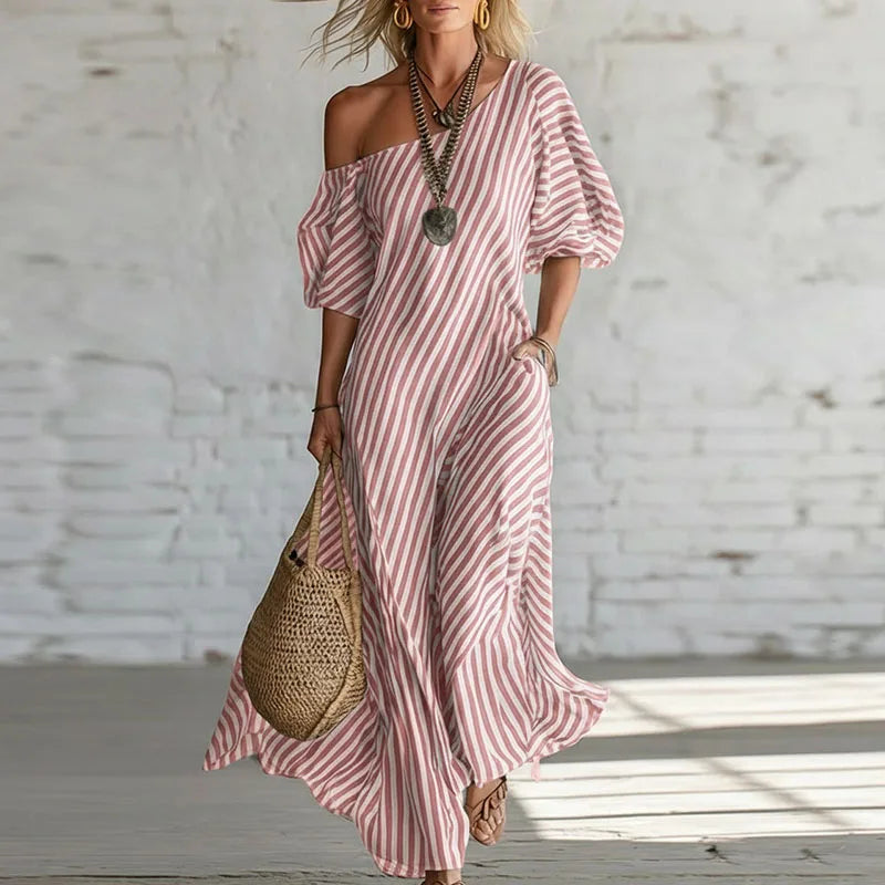 Bohemian One-Shoulder Maxi Dress for Women with Puff Sleeves