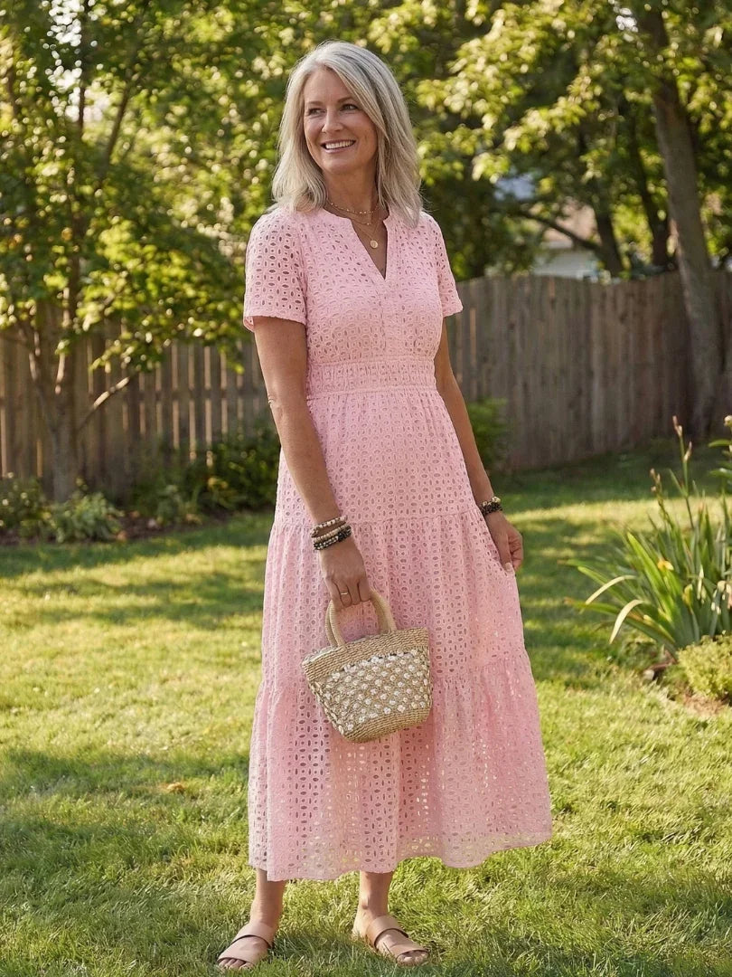 women's fitted midi dress Elegant with V-Neck and Waist Blush Pink Mother Of medium weight and accentuates sizechart:STRATUS LACE HIGH NECK MAXI DRESS Accessories:Add Cape & Apron