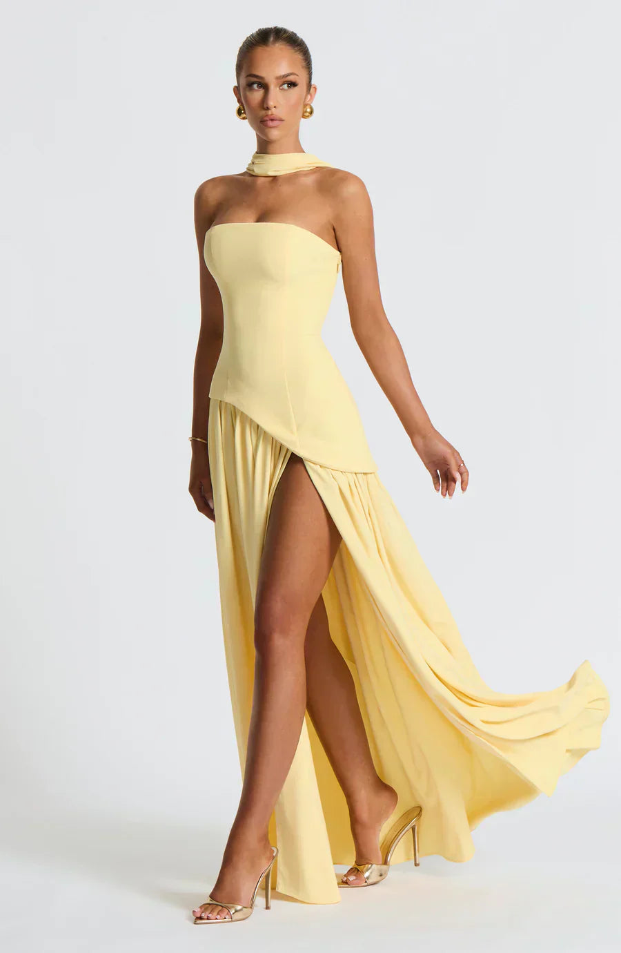 yellow maxi dress with slit Women's Asymmetrical Strapless – Marlovale 33.1 in S Small:M ASOS LUXE - Denim bf22
