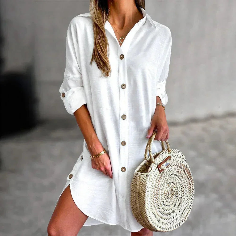 Casual Short Button-Down Dress with Roll-Up Sleeves for Women – Marlovale