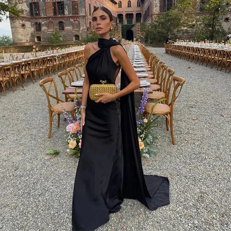Elegant Long Backless Dress with Flowing Scarf