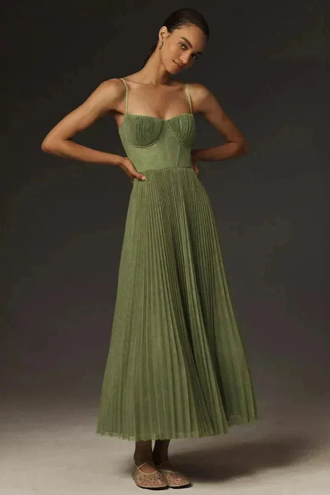 Olive Green Pleated Midi Dress with Straps for Women
