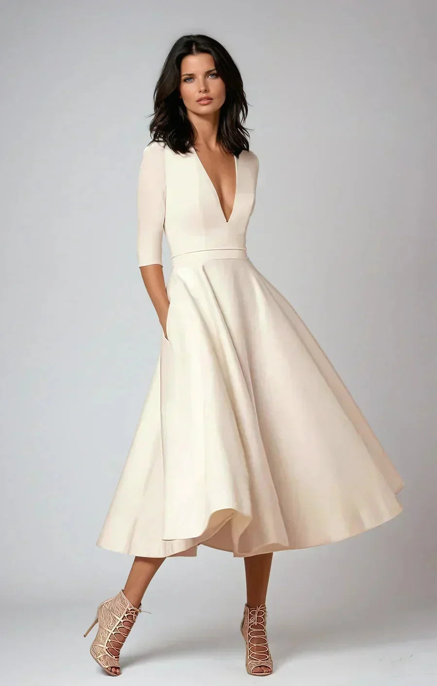 deep v midi dress Elegant Flared with V-Neck for Women patouCode_DR0130036 the color in the Carolina Soma - Evening Size:S (36)