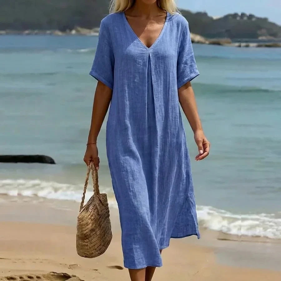 Casual Midi Dress for Women with V-Neck and Flowing Fit