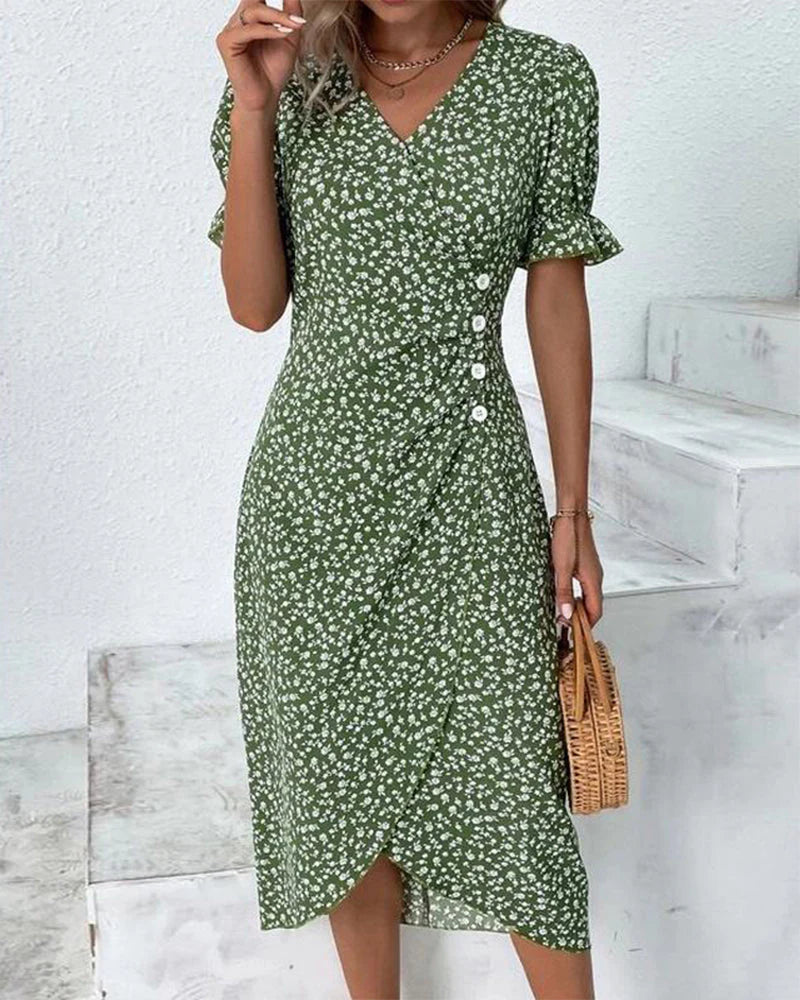 Robe Midi Fleurie Ajustée à Col V et Détail Croisé Élégant