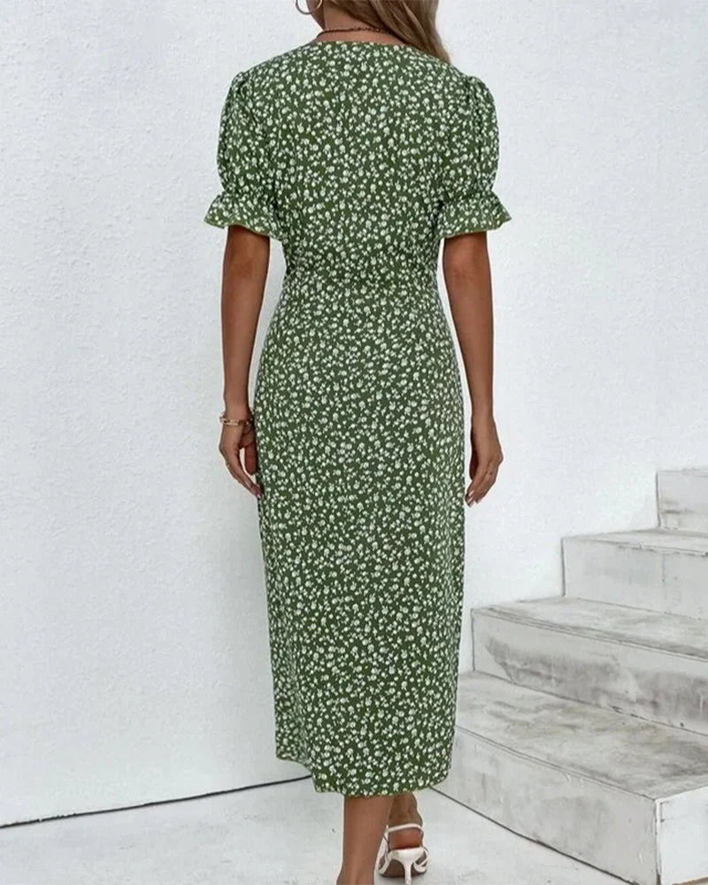 Robe Midi Fleurie Ajustée à Col V et Détail Croisé Élégant