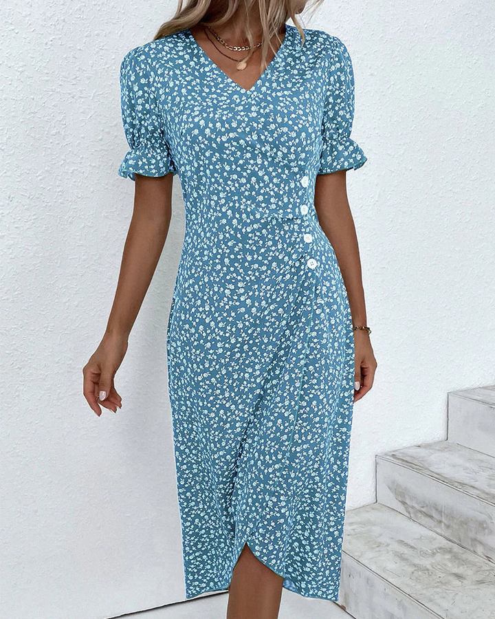 Robe Midi Fleurie Ajustée à Col V et Détail Croisé Élégant