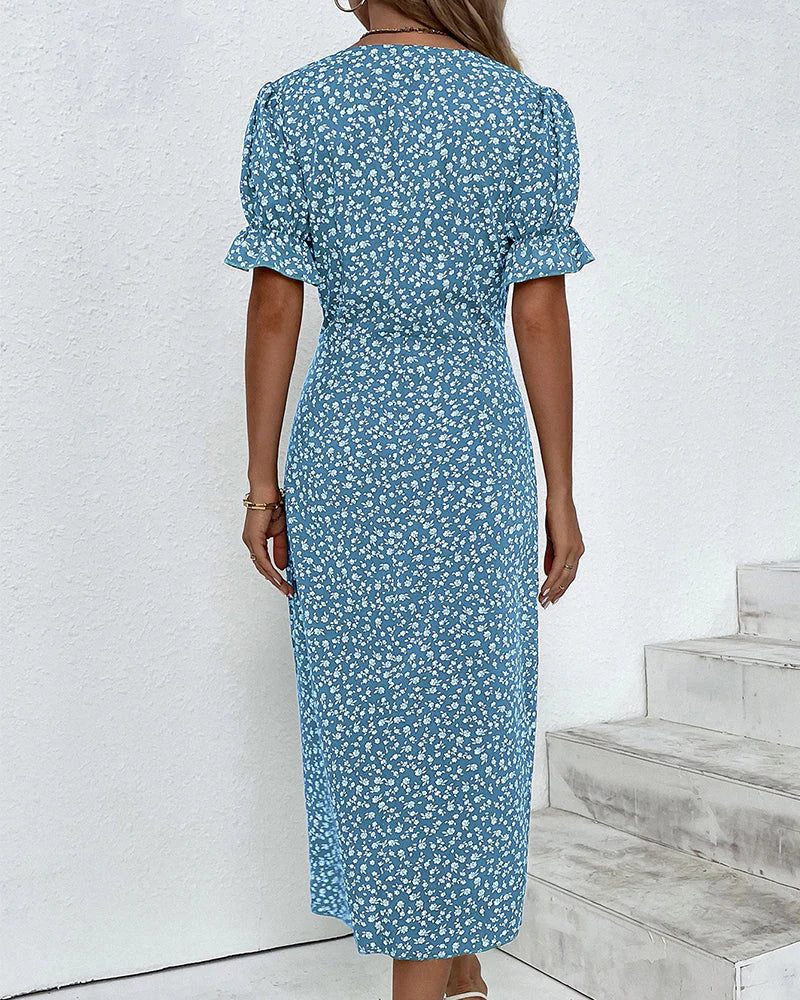Robe Midi Fleurie Ajustée à Col V et Détail Croisé Élégant
