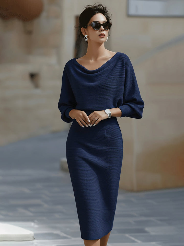 Robe Midi Femme à Col Drapé et Manches Chauve-Souris