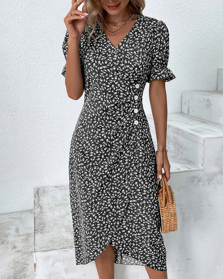 Robe Midi Fleurie Ajustée à Col V et Détail Croisé Élégant