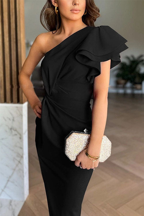 Robe Maxi Élégante pour Femmes à Une Épaule avec Volants et Fente Haute
