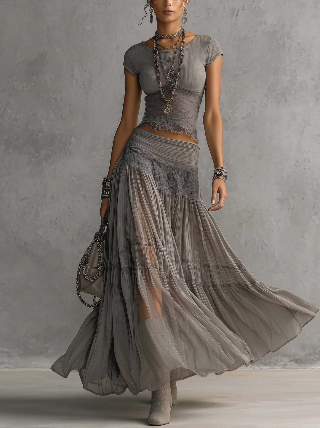 Ensemble Femme Top Ajusté et Jupe Longue Plissée Aérienne