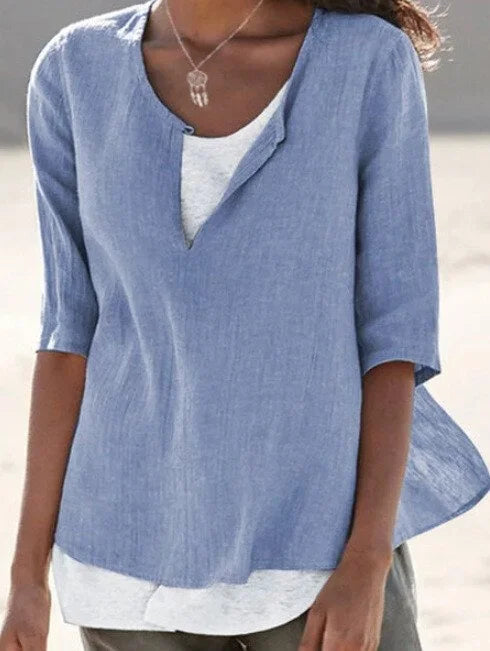 Blouse Décontractée à Encolure Fendue et Manches 3/4 Élégantes