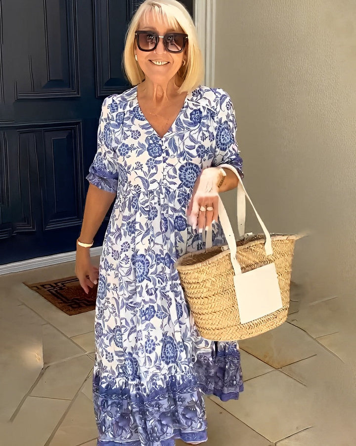 Abito midi da donna con scollo a V e motivo floreale