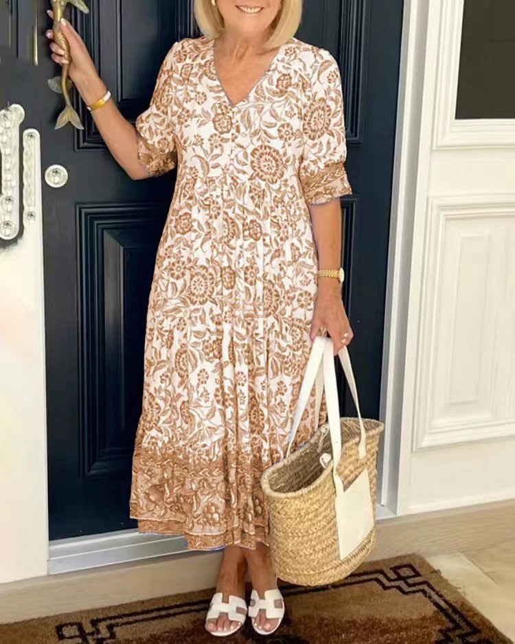 Abito midi da donna con scollo a V e motivo floreale