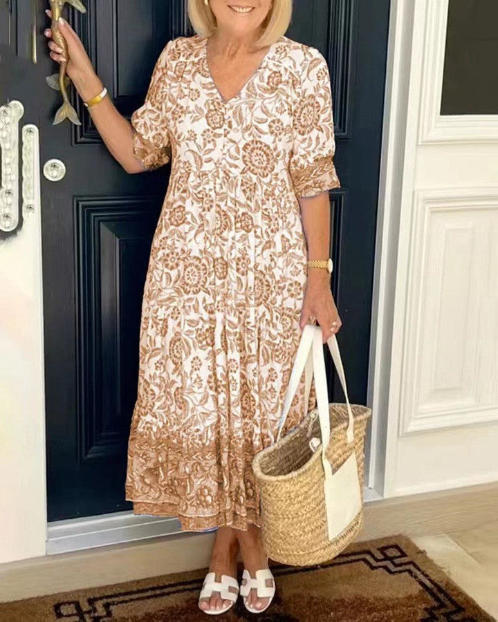 Abito midi da donna con scollo a V e motivo floreale
