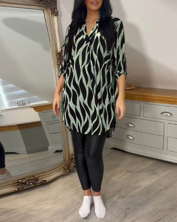 Blouse Ample Pour Femme à Col en V et Manches Trois-Quarts
