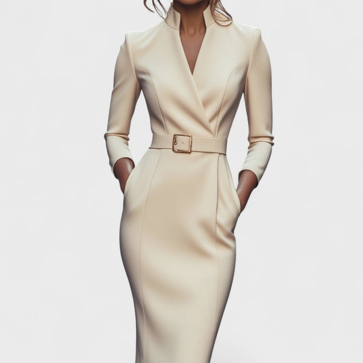 Robe midi femme col Mao ceinture