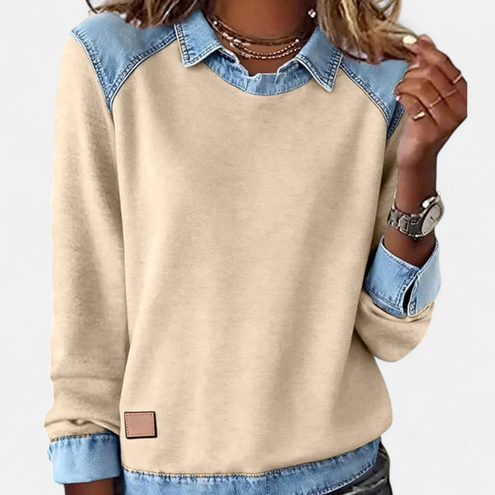 Suéter para mujer con efecto superpuesto, cuello y mangas largas