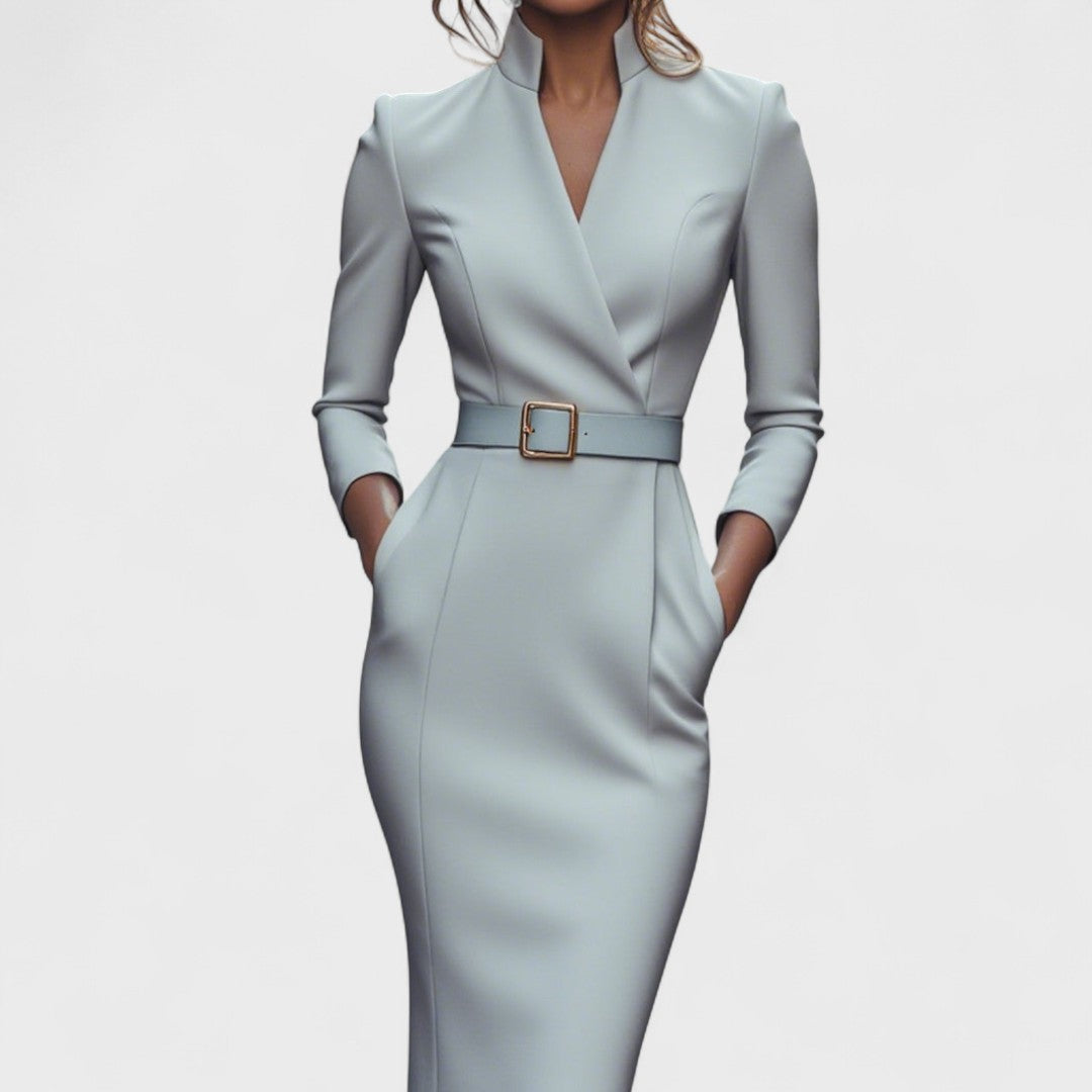 Robe midi femme col Mao ceinture