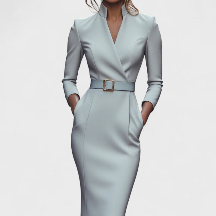 Robe midi femme col Mao ceinture