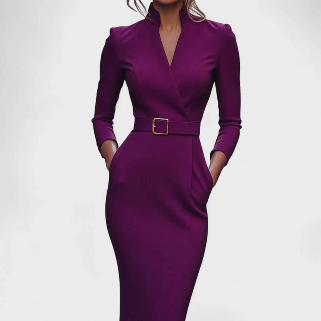 Robe midi femme col Mao ceinture