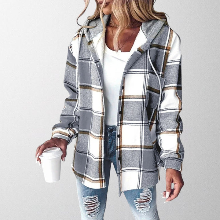 Giacca a quadri da donna con cappuccio e cerniera vertikale