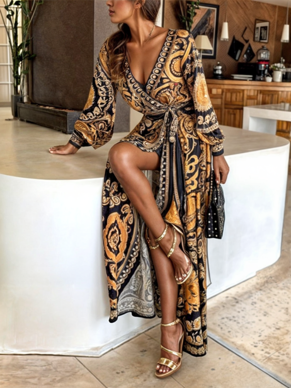 Robe Longue Portefeuille Femme Imprimé Bohème