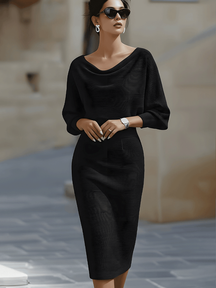 Robe Midi Femme à Col Drapé et Manches Chauve-Souris
