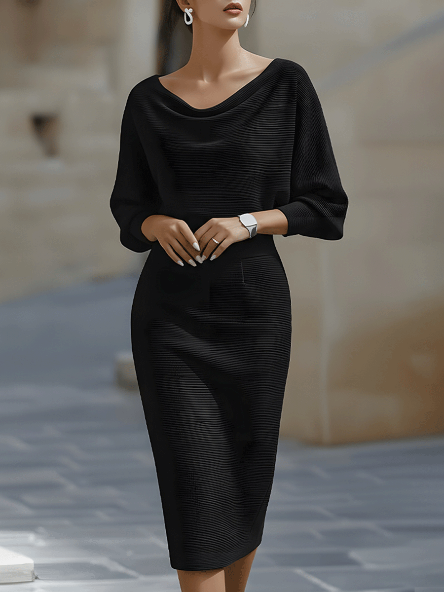 Robe Midi Femme à Col Drapé et Manches Chauve-Souris