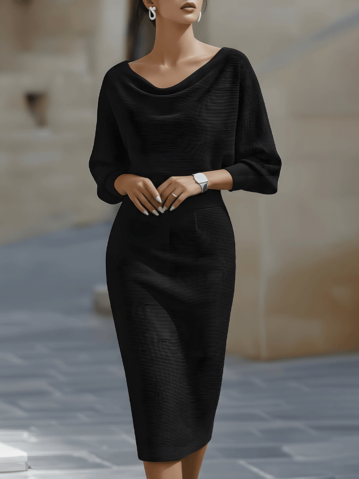 Robe Midi Femme à Col Drapé et Manches Chauve-Souris