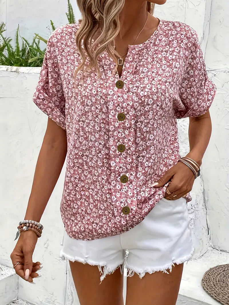 Blouse Fleurie Décontractée à Boutons Décoratifs et Manches Courtes