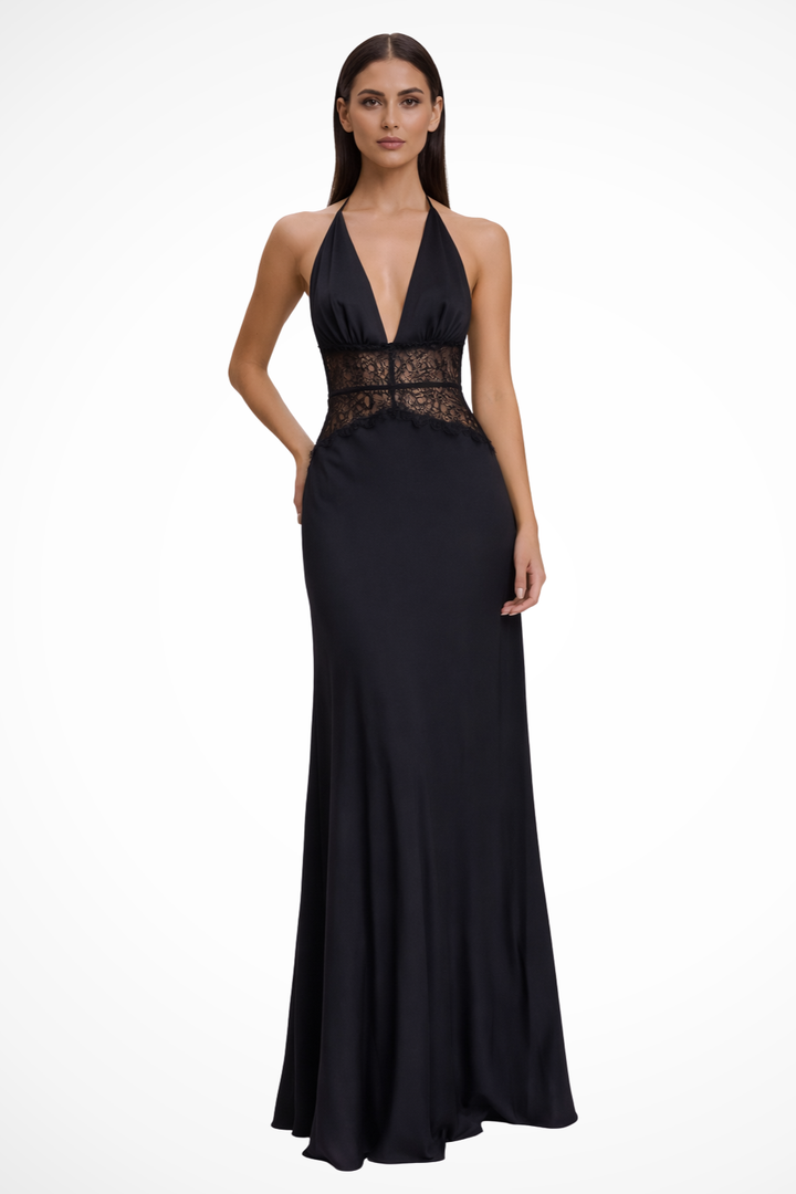 Elegantní dlouhé dámské šaty s odhalenými zády a halter výstřihem