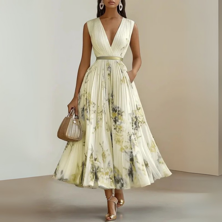 Elegantní midi květinové šaty s výstřihem do V pro ženy
