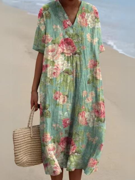Women's Floral Print V-Neck Summer Midi Dress