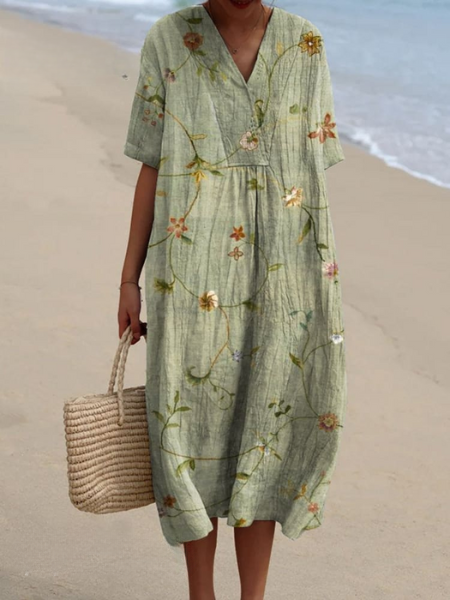 Women's Floral Print V-Neck Summer Midi Dress