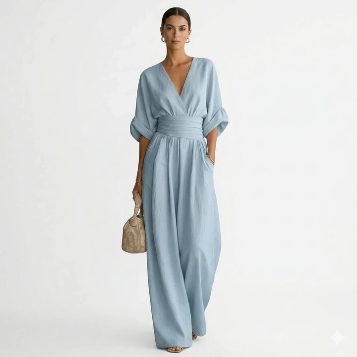 Women's Fluid Jumpsuit with Wrap Collar and Wide Legs