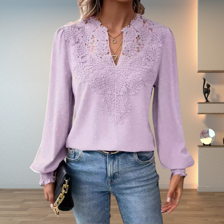 Blouse Femme Col V Brodé à Manches Longues Fluides