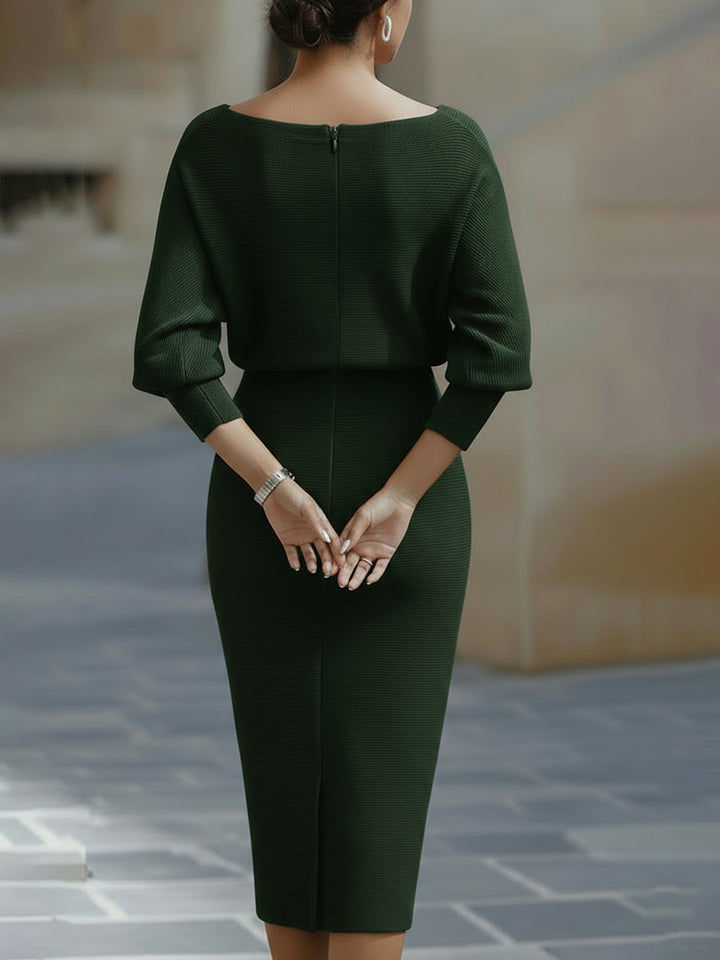 Robe Midi Femme à Col Drapé et Manches Chauve-Souris