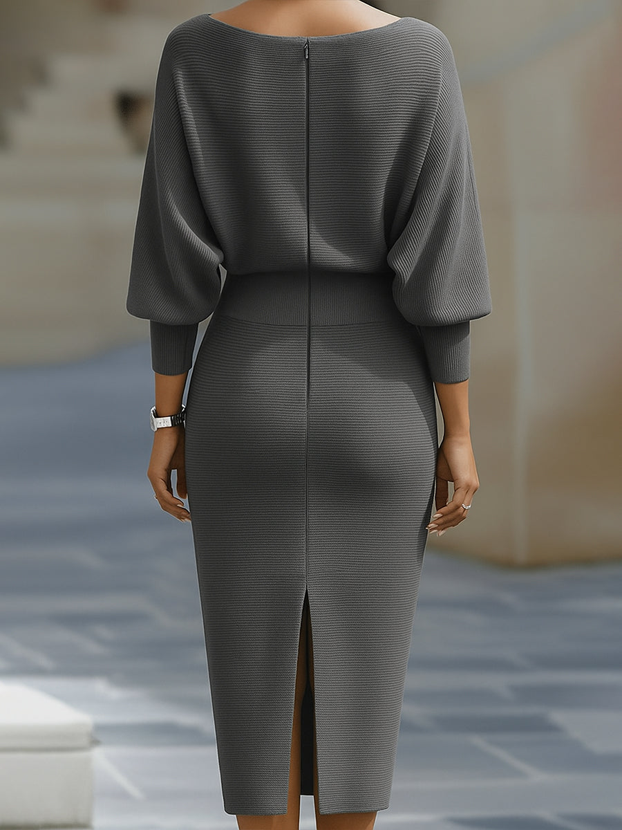 Robe Midi Femme à Col Drapé et Manches Chauve-Souris