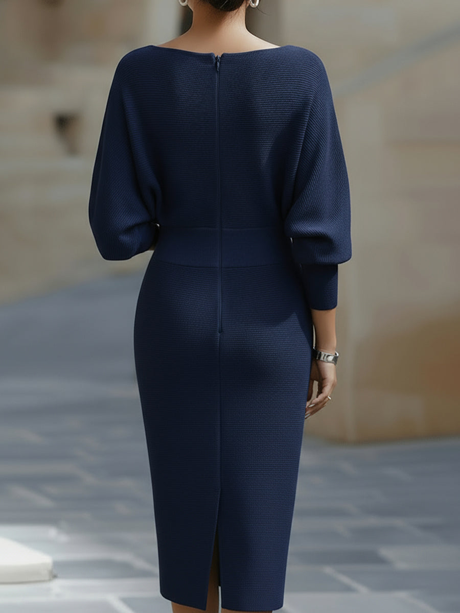 Robe Midi Femme à Col Drapé et Manches Chauve-Souris