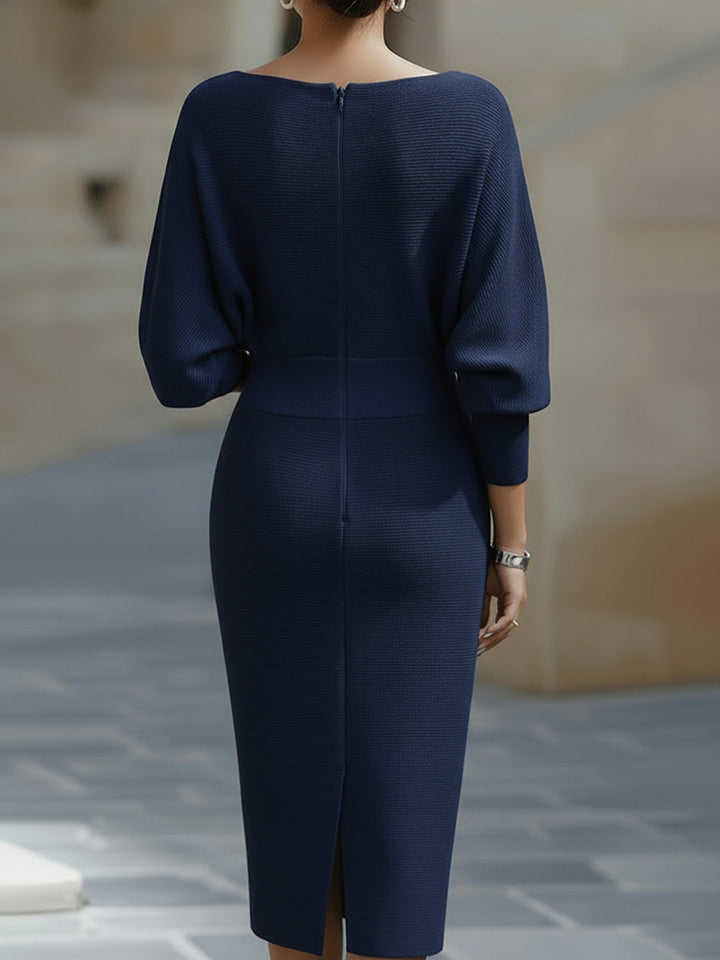 Robe Midi Femme à Col Drapé et Manches Chauve-Souris