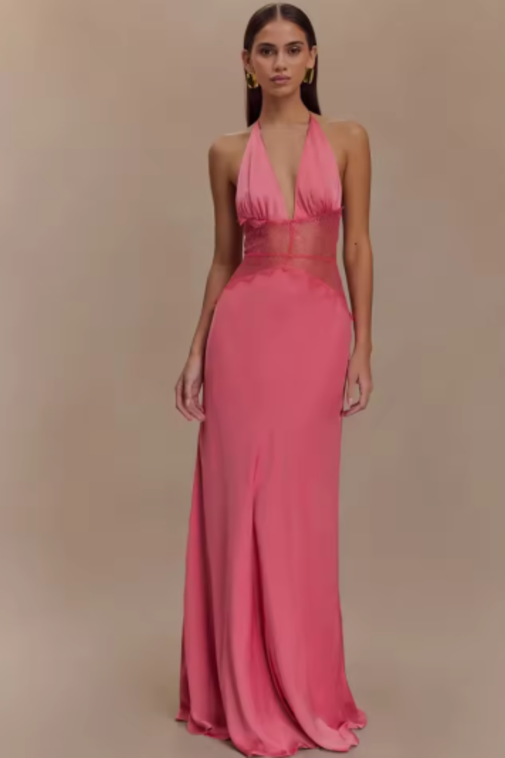 Elegantní dlouhé dámské šaty s odhalenými zády a halter výstřihem