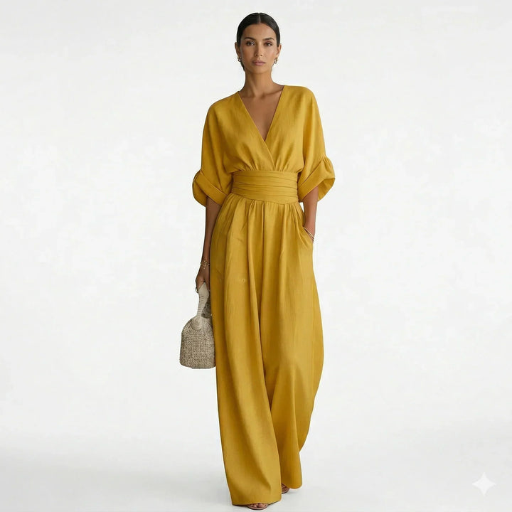 Women's Fluid Jumpsuit with Wrap Collar and Wide Legs