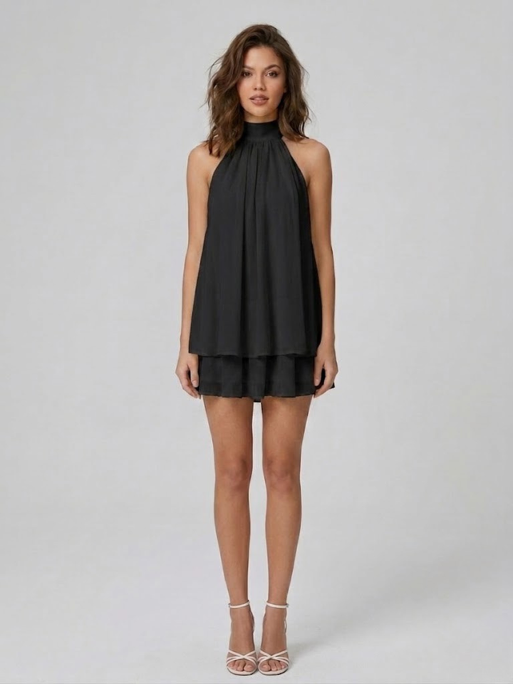 Robe courte femme dos nu col montant volants