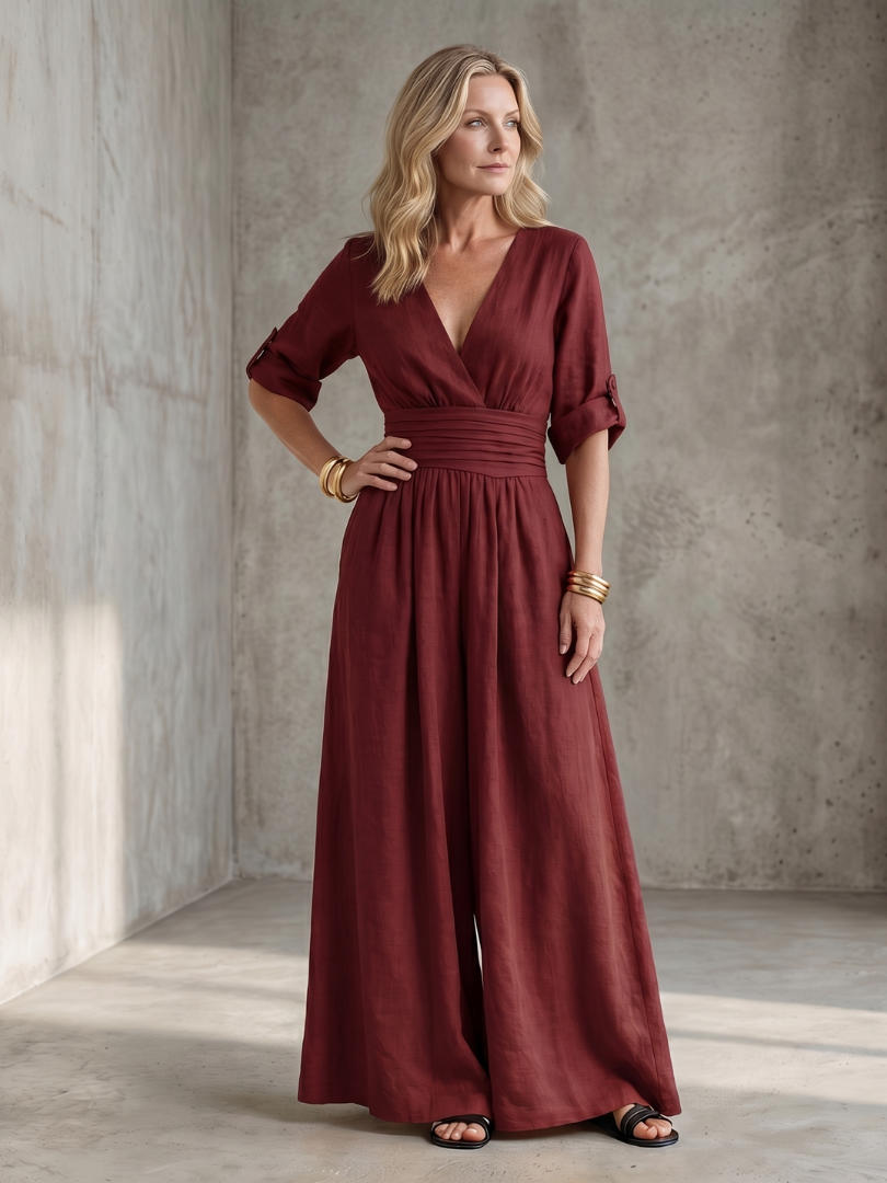 Robe Combinaison Femme à Décolleté Croisé et Jambes Amples
