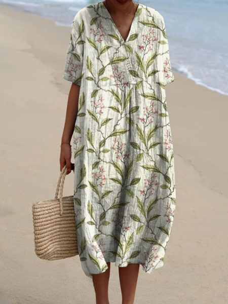 Women's Floral Print V-Neck Summer Midi Dress