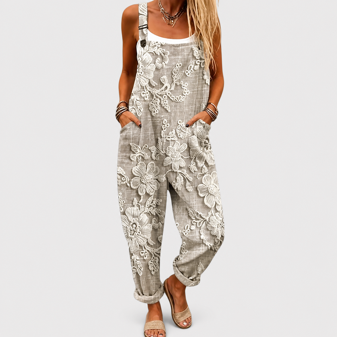 Salopette Longue Femme Imprimé Floral Vintage Beige